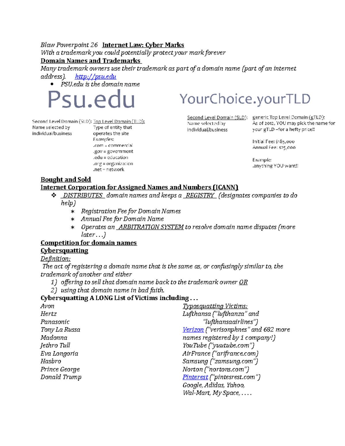 BLAW 341 Powerpoint 26 Notes Exam 3 - Blaw Powerpoint 26 Internet Law ...