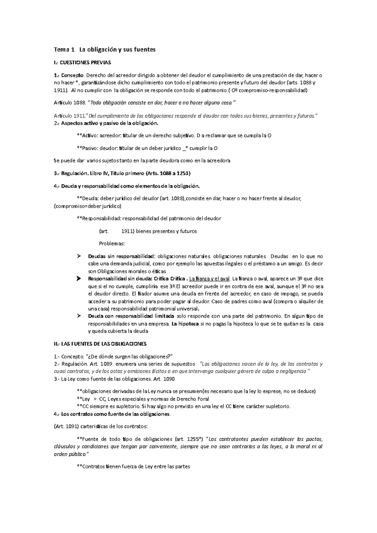 Tema 1 La obligación y sus fuentes - CUESTIONES PREVIAS 1.- Concepto ...