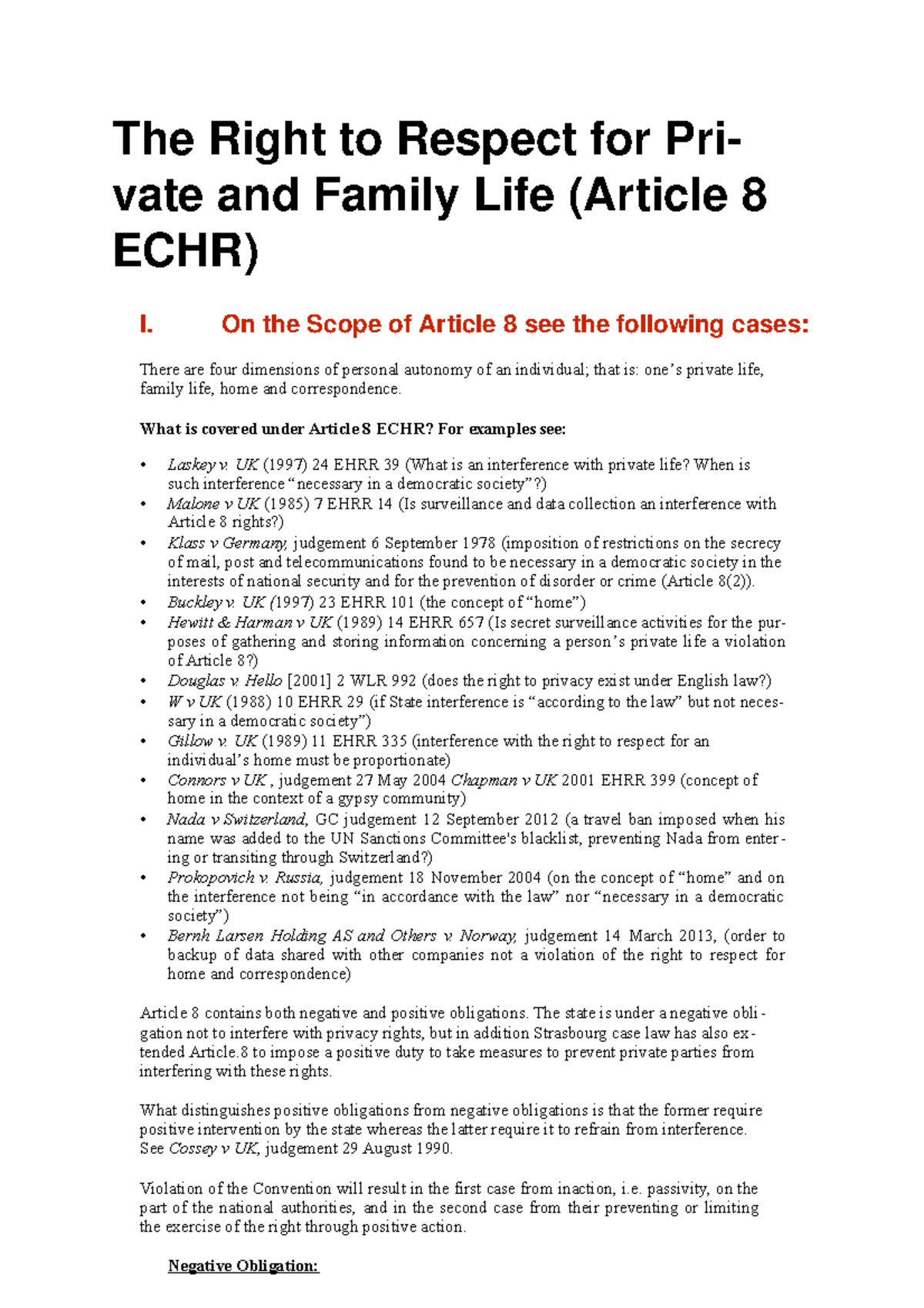 The Right To Respect For Private And Family Life (Article 8 ECHR) - The ...