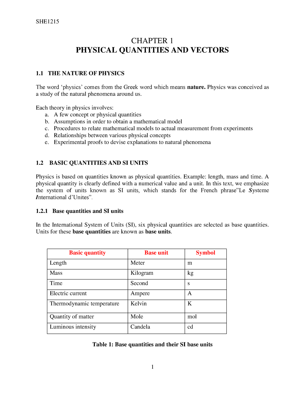 Physical Quantities AND Vectors - CHAPTER 1 PHYSICAL QUANTITIES AND ...