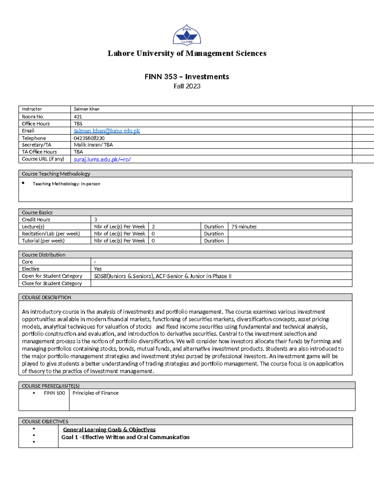 FINN 353 Investments S1 Salman Khan Fall 2023 FINN 353
