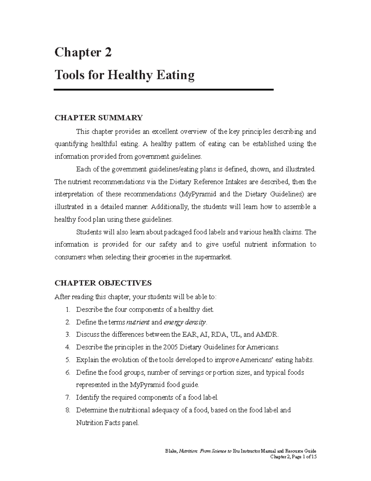 Tools for Healthy Eating Chapter 2 Tools for Healthy Eating CHAPTER