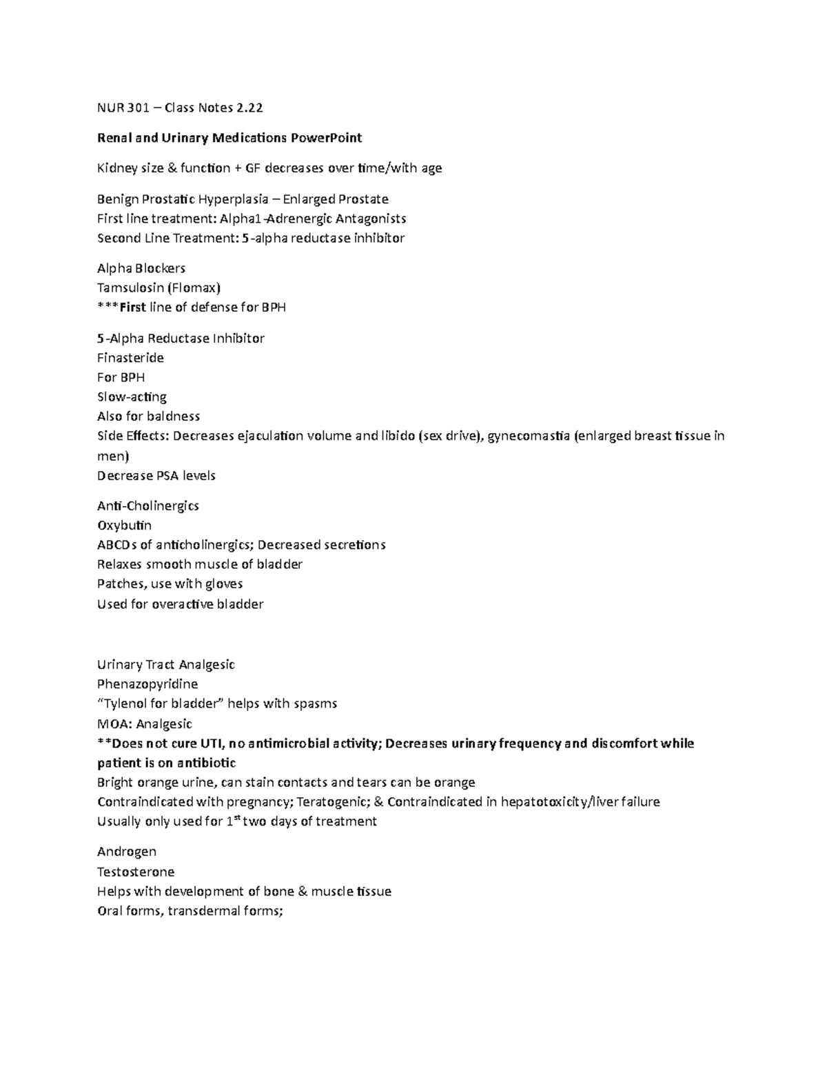 NUR 301 - Class Notes 2 - NUR 301 – Class Notes 2. Renal and Urinary ...