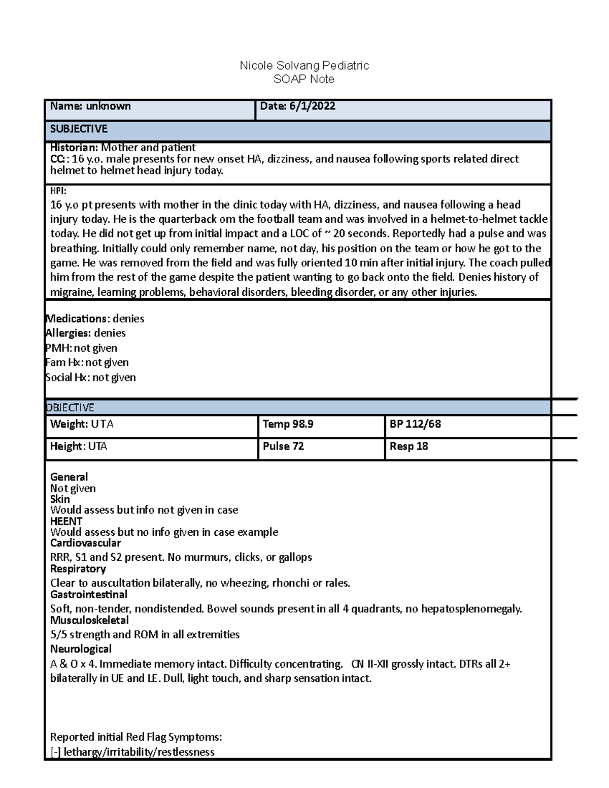 Solvang Neuro SOAP - Nicole Solvang Pediatric SOAP Note Name: unknown ...