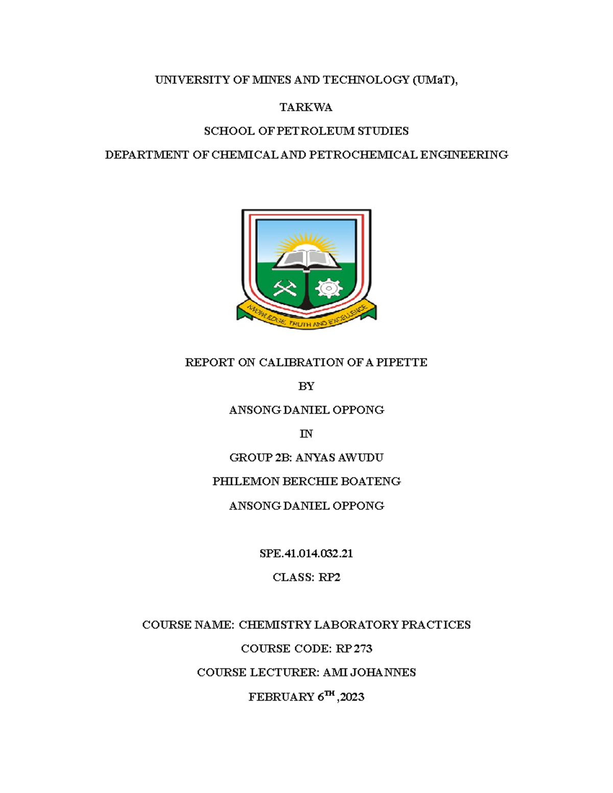Calibration of pipette report UNIVERSITY OF MINES AND TECHNOLOGY