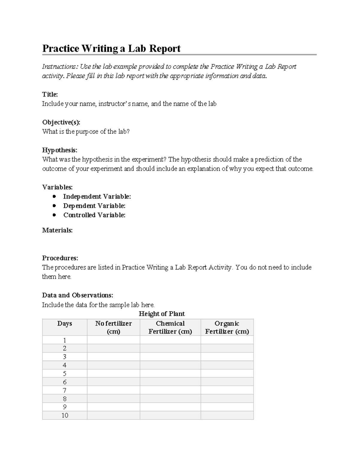 1 01 Exploring Life - Practice Writing a Lab Report Instructions: Use ...