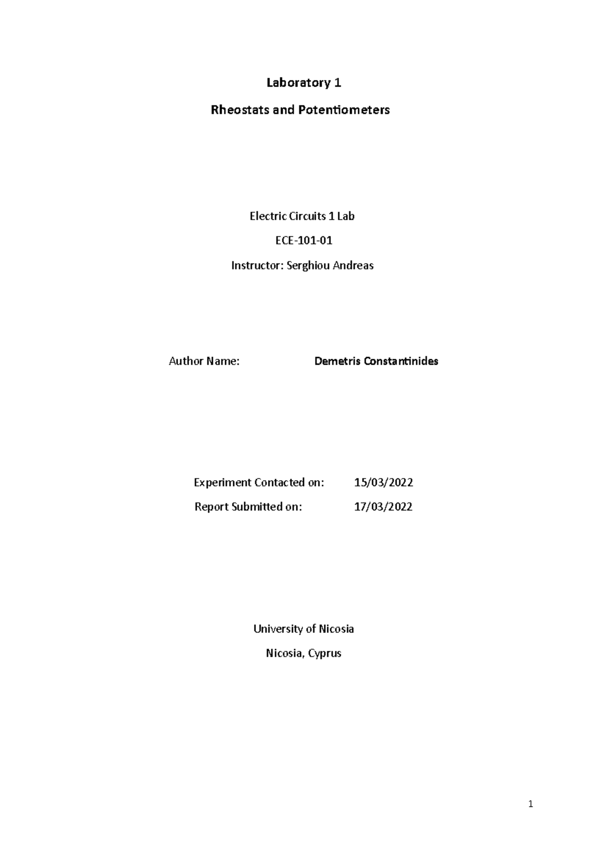 Lab 2 LAB REPORT Laboratory 1 Rheostats and Potentiometers Electric