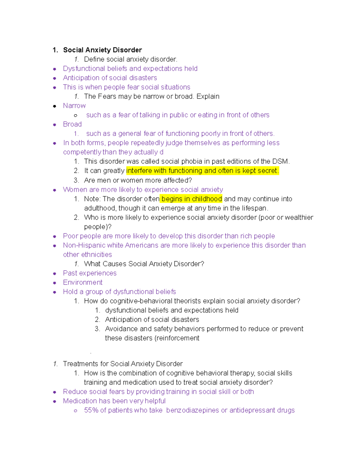 Chapter 5 Study Guide Exam 2 Pt4 - 1. Social Anxiety Disorder 1. Define ...