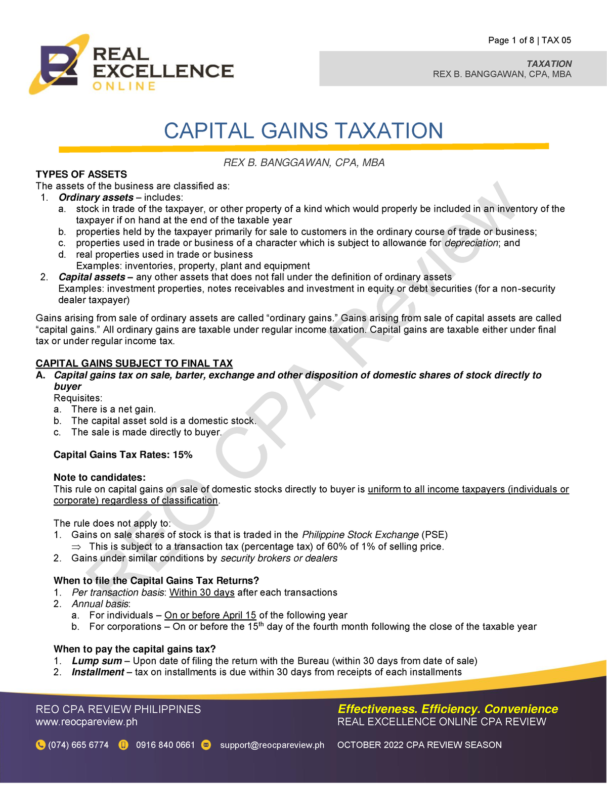 Capital Gains Taxation - REO CPA Review TAXATION REX B. BANGGAWAN, CPA ...