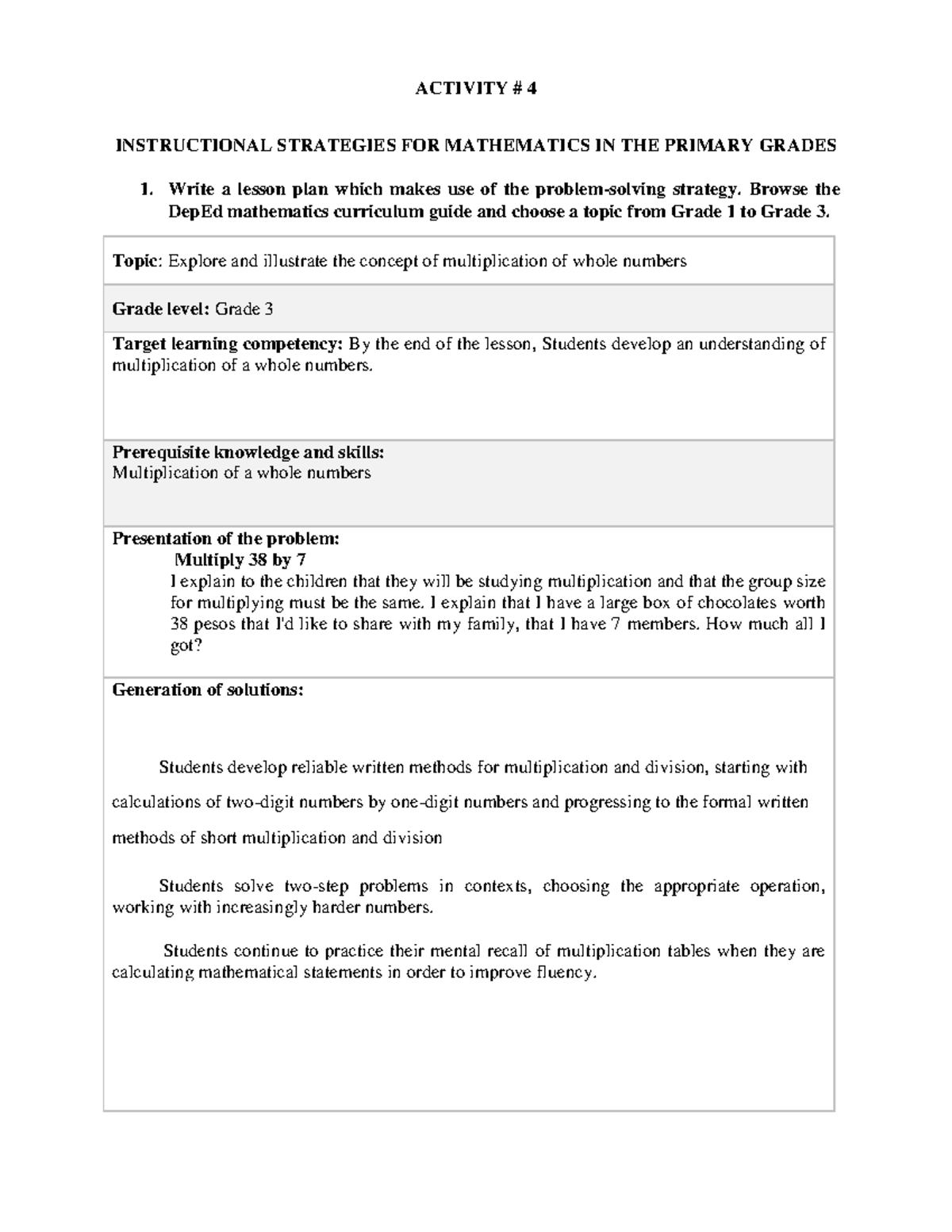 Instructional Strategies FOR Mathematics IN THE Primary Grades ...