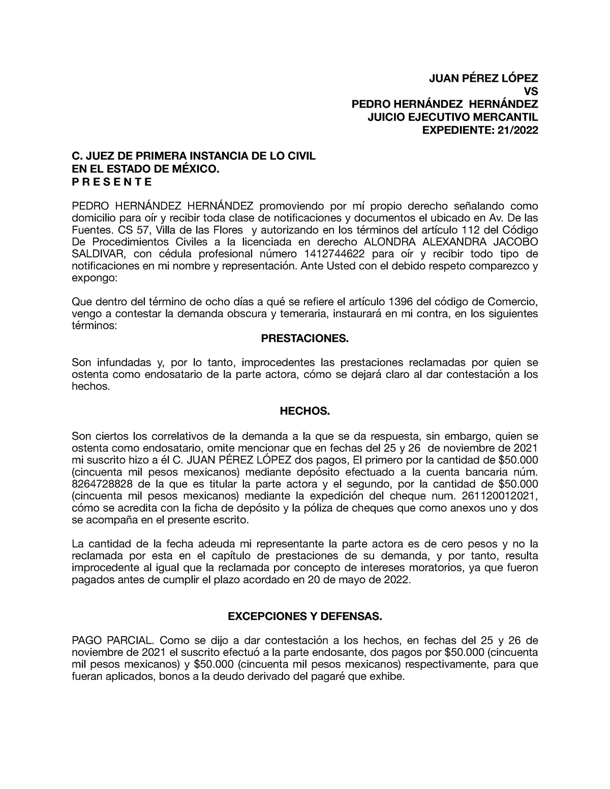 Contestación 2 - Títulos y operaciones de crédito - JUAN PÉREZ LÓPEZ VS ...