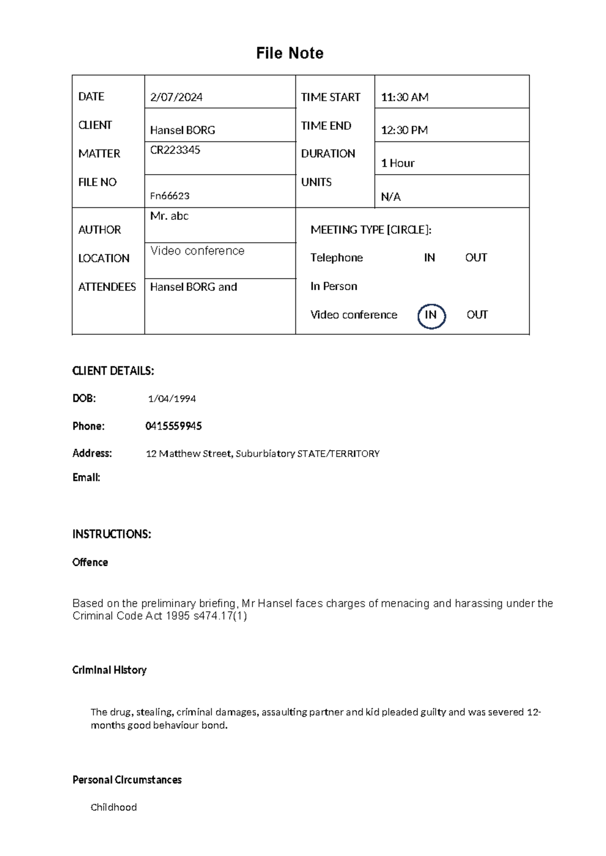 2d. Task 2 - File Note Templatev 2 - File Note DATE CLIENT MATTER FILE ...
