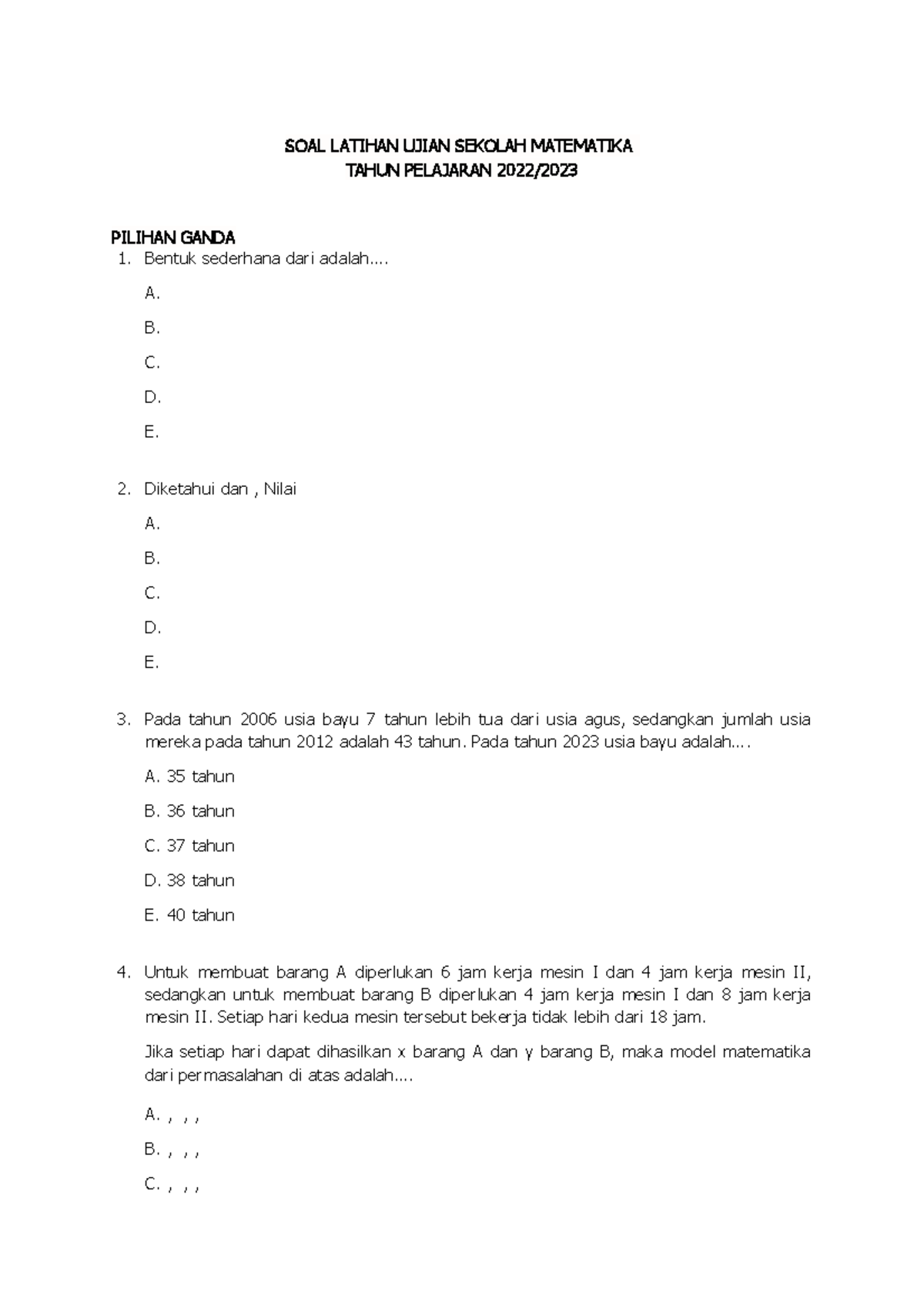 Latihan Soal US 2023 Paket 3 - SOAL LATIHAN UJIAN SEKOLAH MATEMATIKA ...