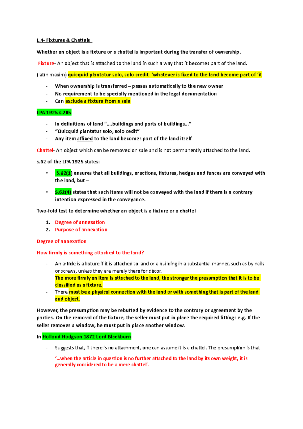 L.4 Fixtutes & Chattels Fixtures Chattels Whether an object is a