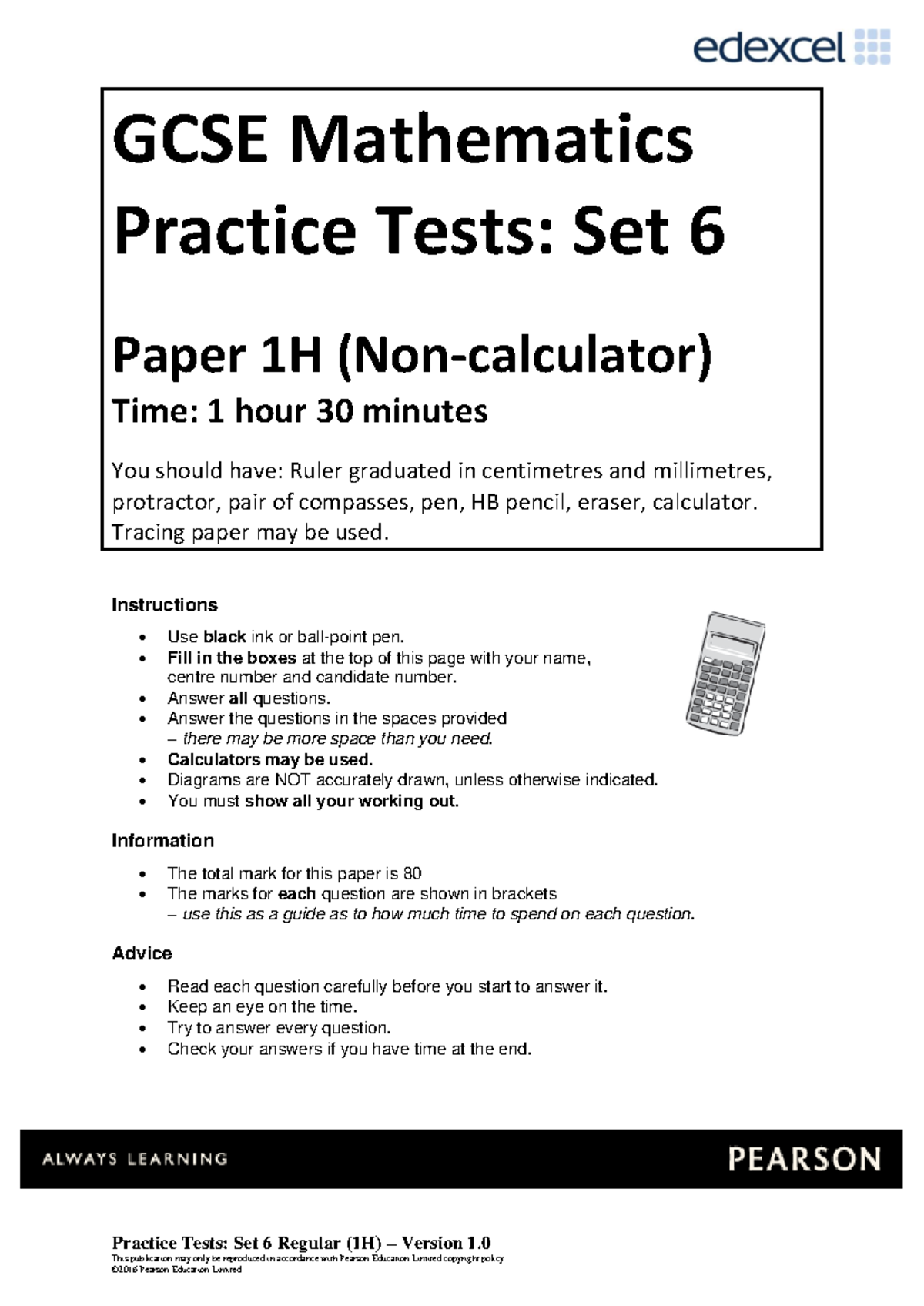 04a Practice test set 6 - Paper 1H final - Practice Tests: Set 6 Regular (1H) – Version 1. This ...