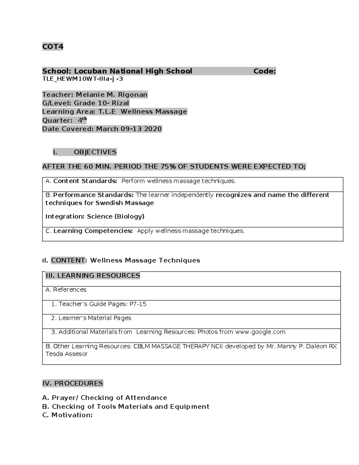 Cot massage COT School Locuban National High School Code TLE
