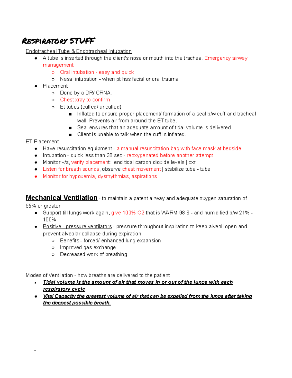 Respiratory Stuff - some resp notes - Respiratory STUFF Endotracheal ...