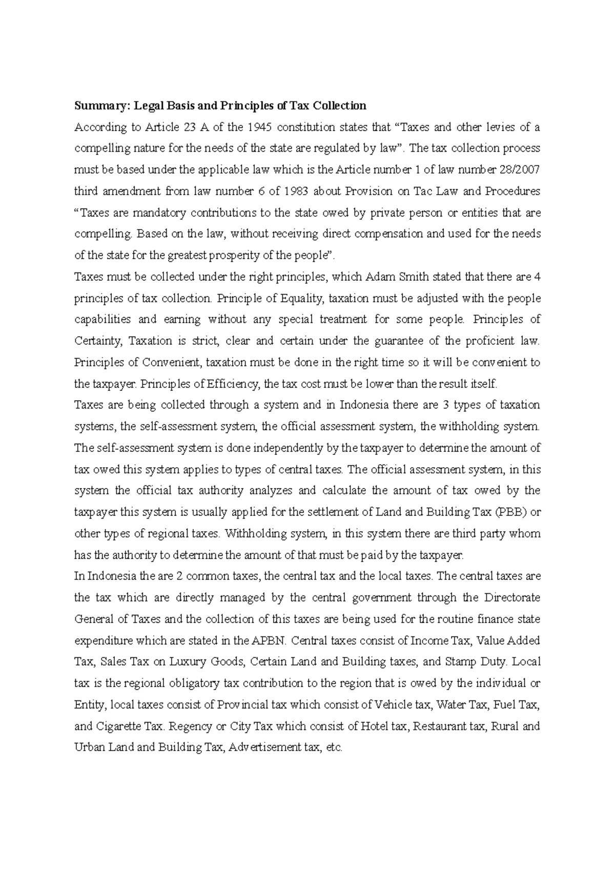 Legal and principles of tax Summary Legal Basis and Principles of