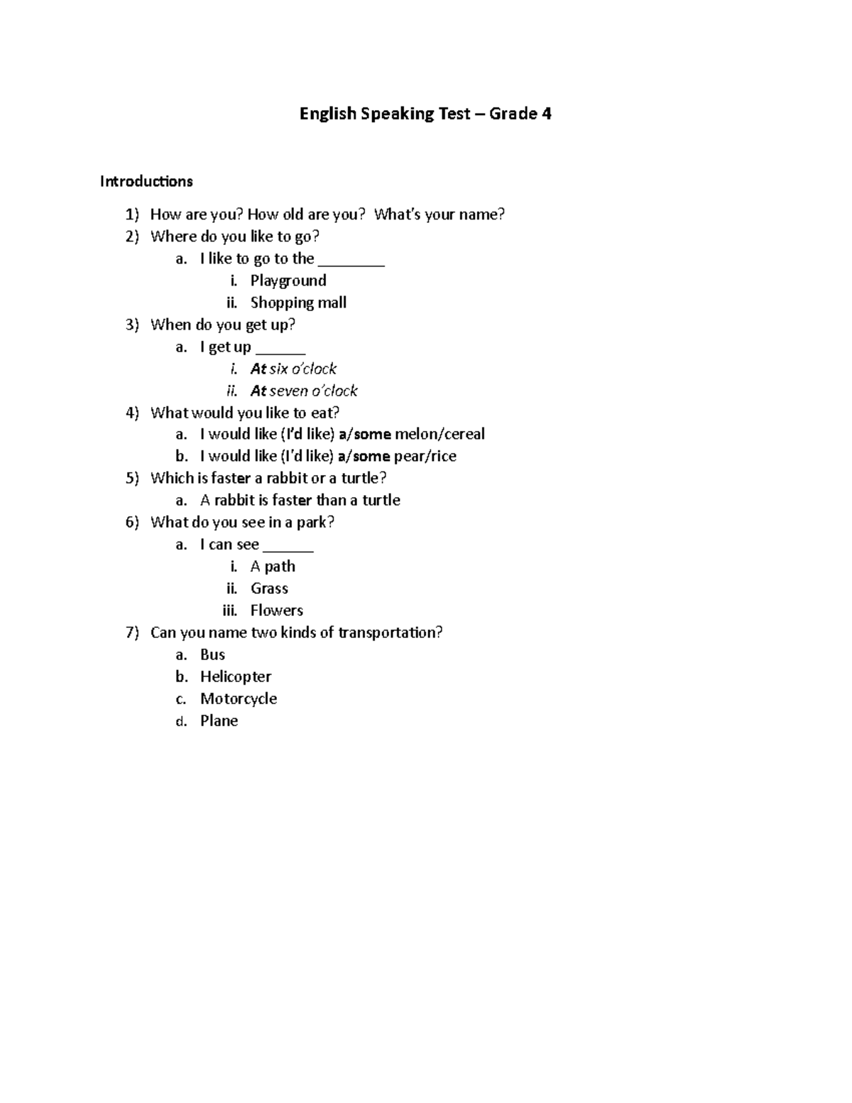 English Speaking Test Grade 4 English Speaking Test Grade 4