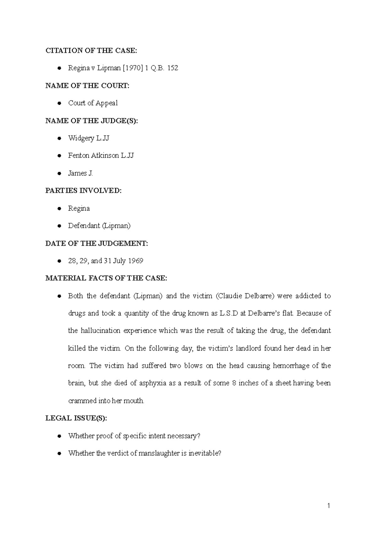 Case Brief R v Lipman [1970] 1 Q.B. 152 CITATION OF THE CASE Regina