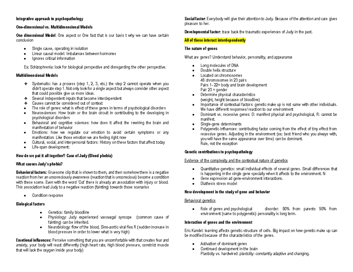 Ab psych Chapter 2 Integrative approach to psychopathology Onedimensional vs