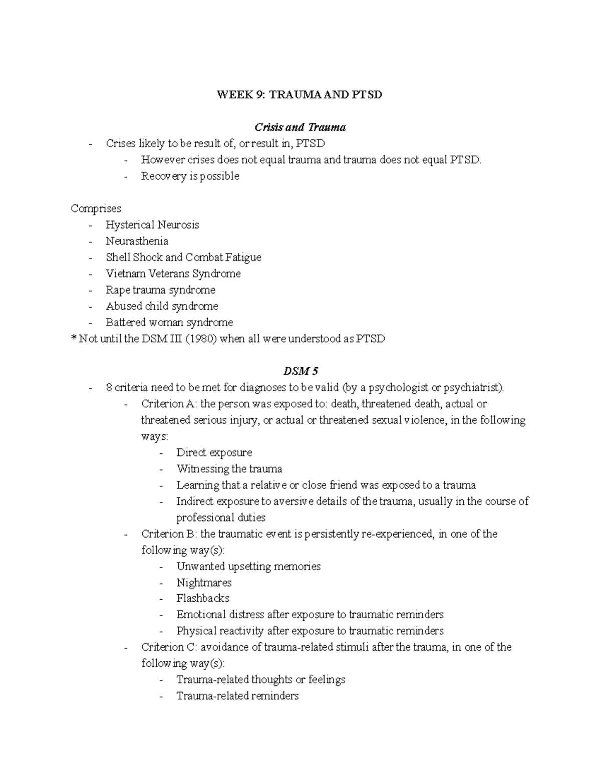 COU300 WEEK 9 Trauma AND PTSD Notes - WEEK 9: TRAUMA AND PTSD Crisis ...