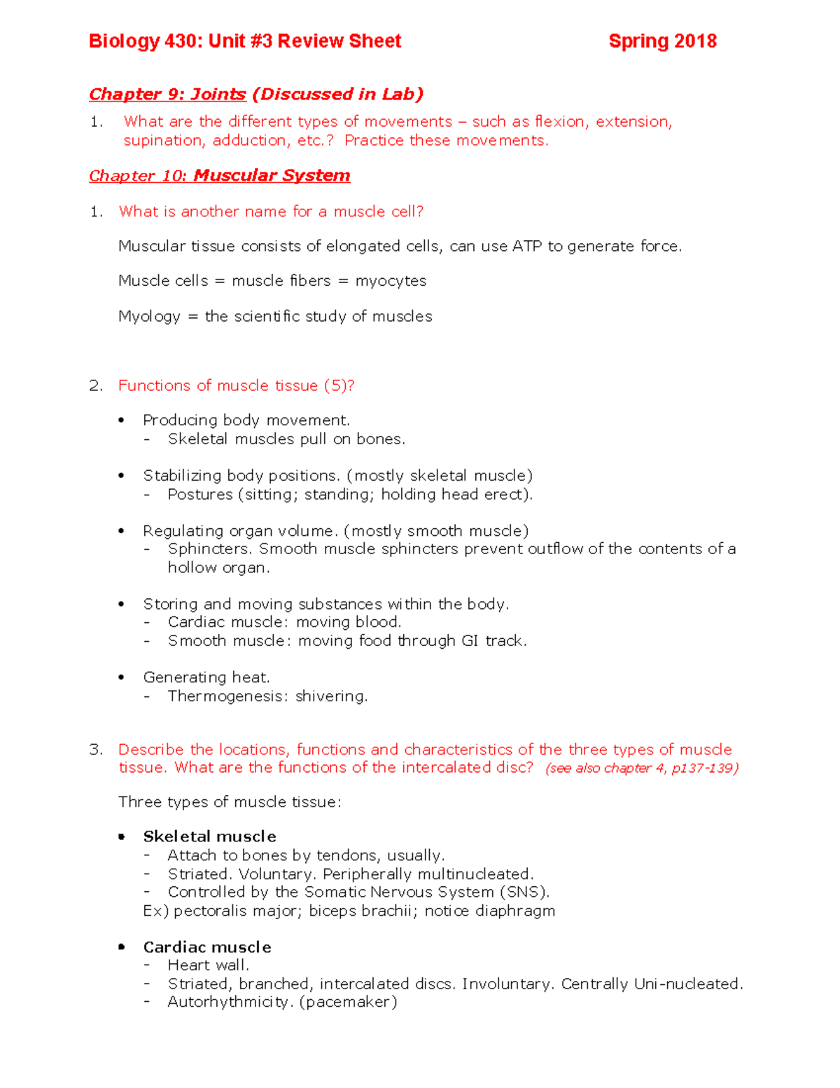 B430 Exam 3 Review Sheet 20181 Biology 430 Unit 3 Review Sheet