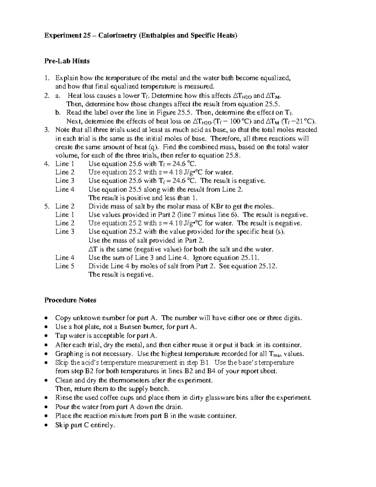 Exp 25 Calorimetry Lab guide Experiment 25 Calorimetry (Enthalpies