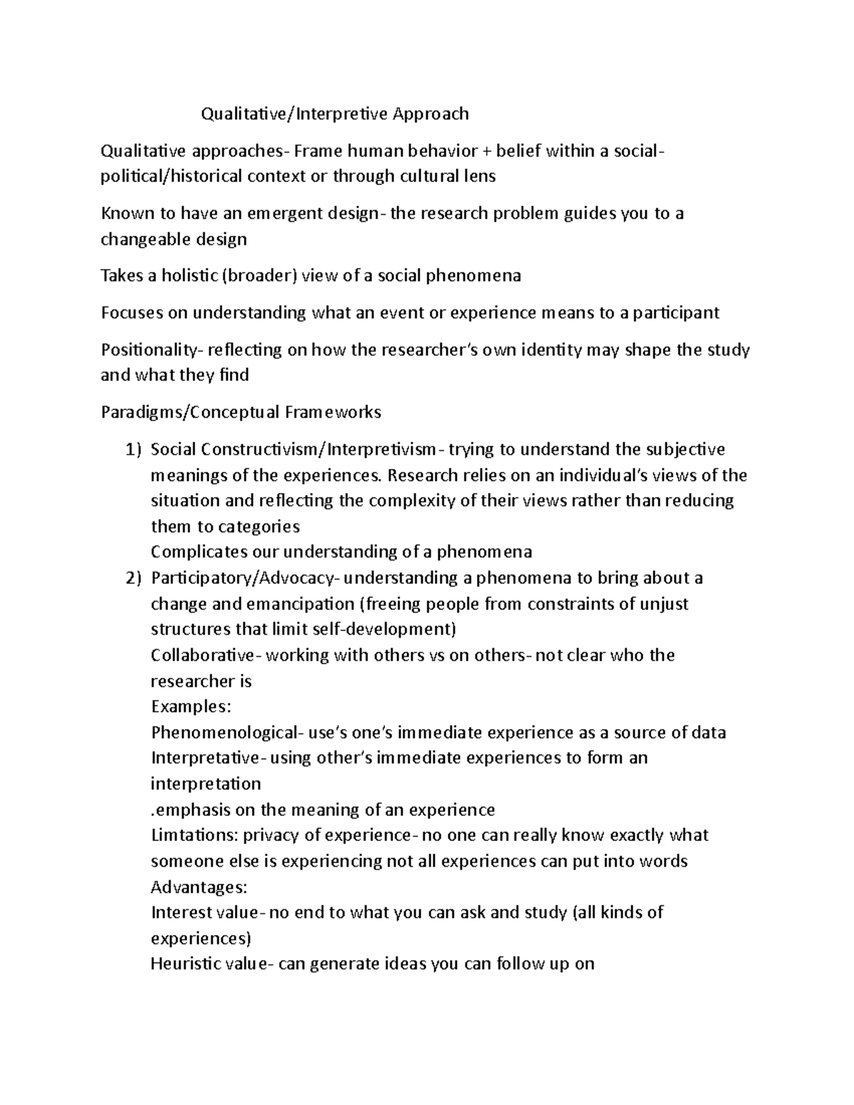 Ch10notes - Lecture notes from week 10. - Qualitative/Interpretive ...