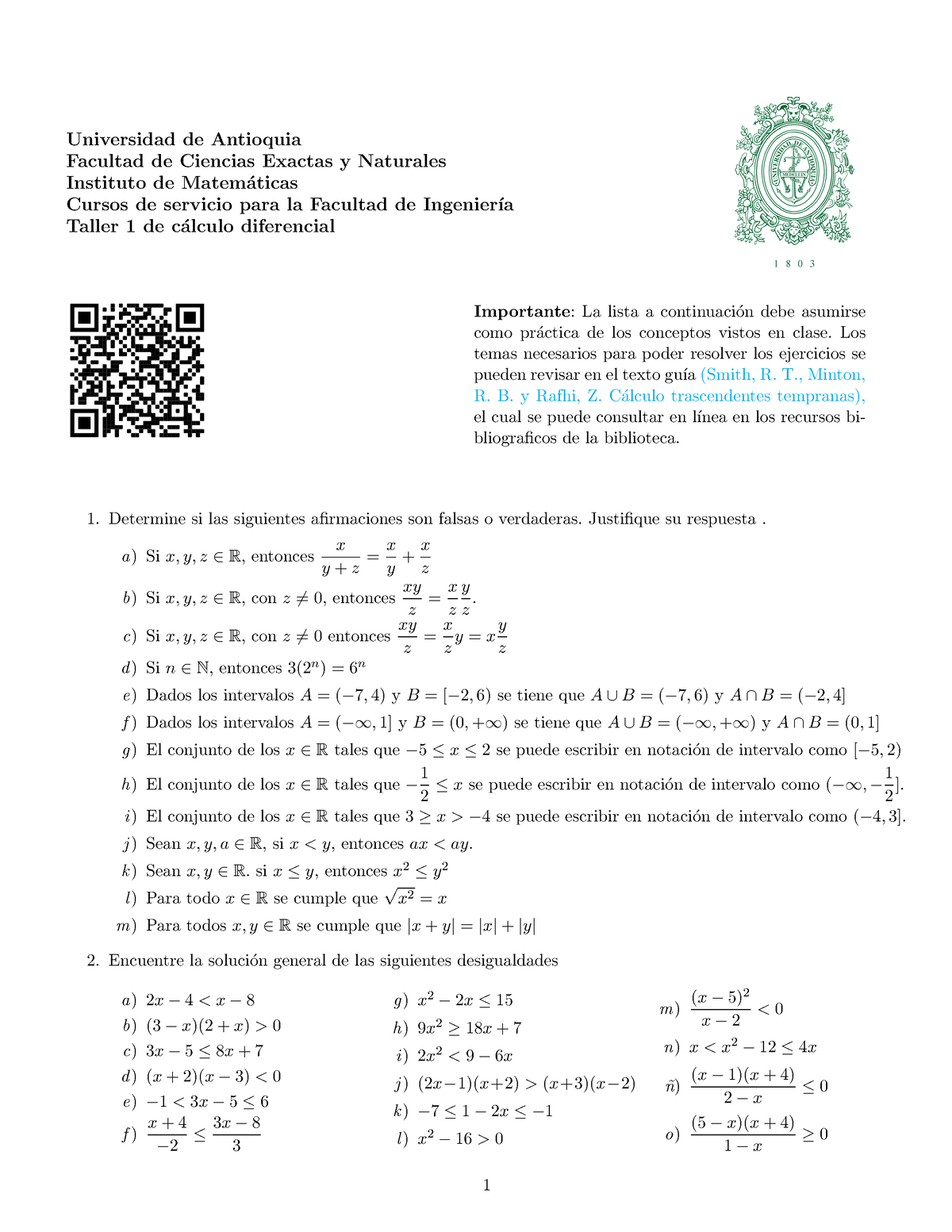 Taller C Lculo Diferencial Universidad De Antioquia Facultad De Ciencias Exactas Y Naturales