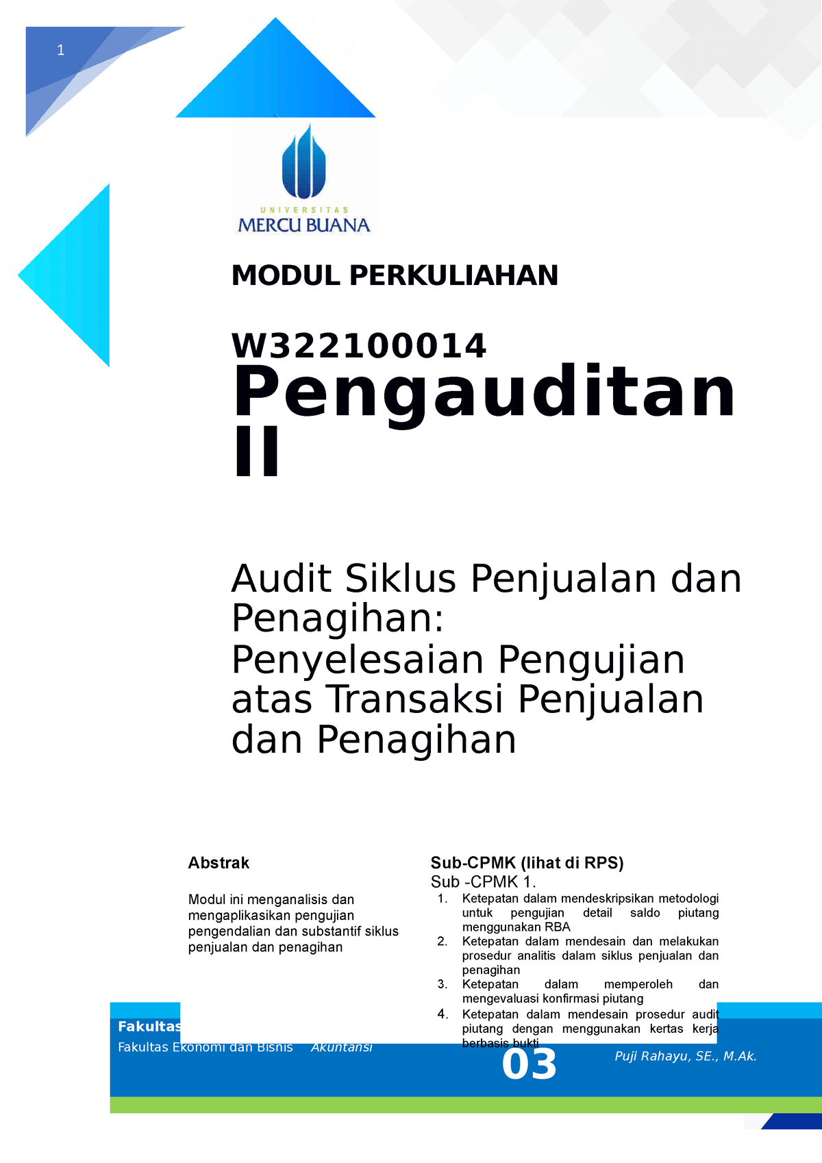 Modul Pengauditan II [TM3] - 1 MODUL PERKULIAHAN W Pengauditan II Audit ...