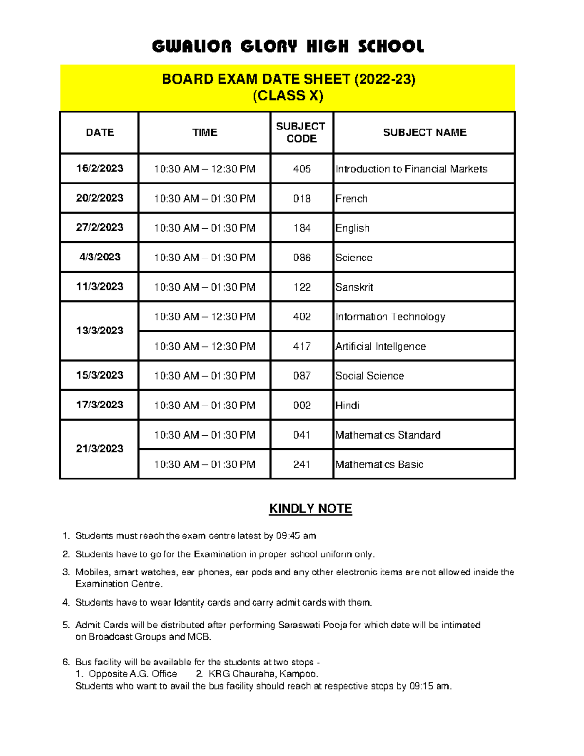 class 10 board exam date sheet 2022 23