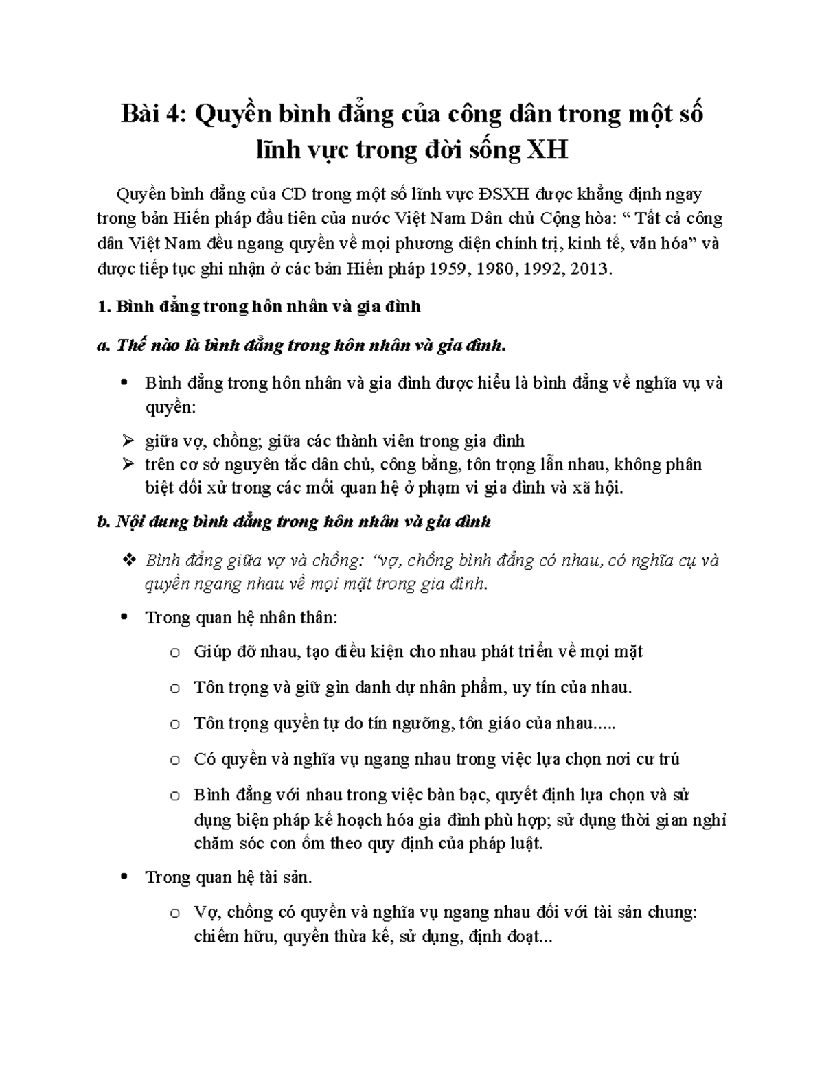 Bài 4 quyền bình đẳng của công dân - Bài 4: Quyền bình đẳng của công dân trong một số lĩnh vực trong - Studocu