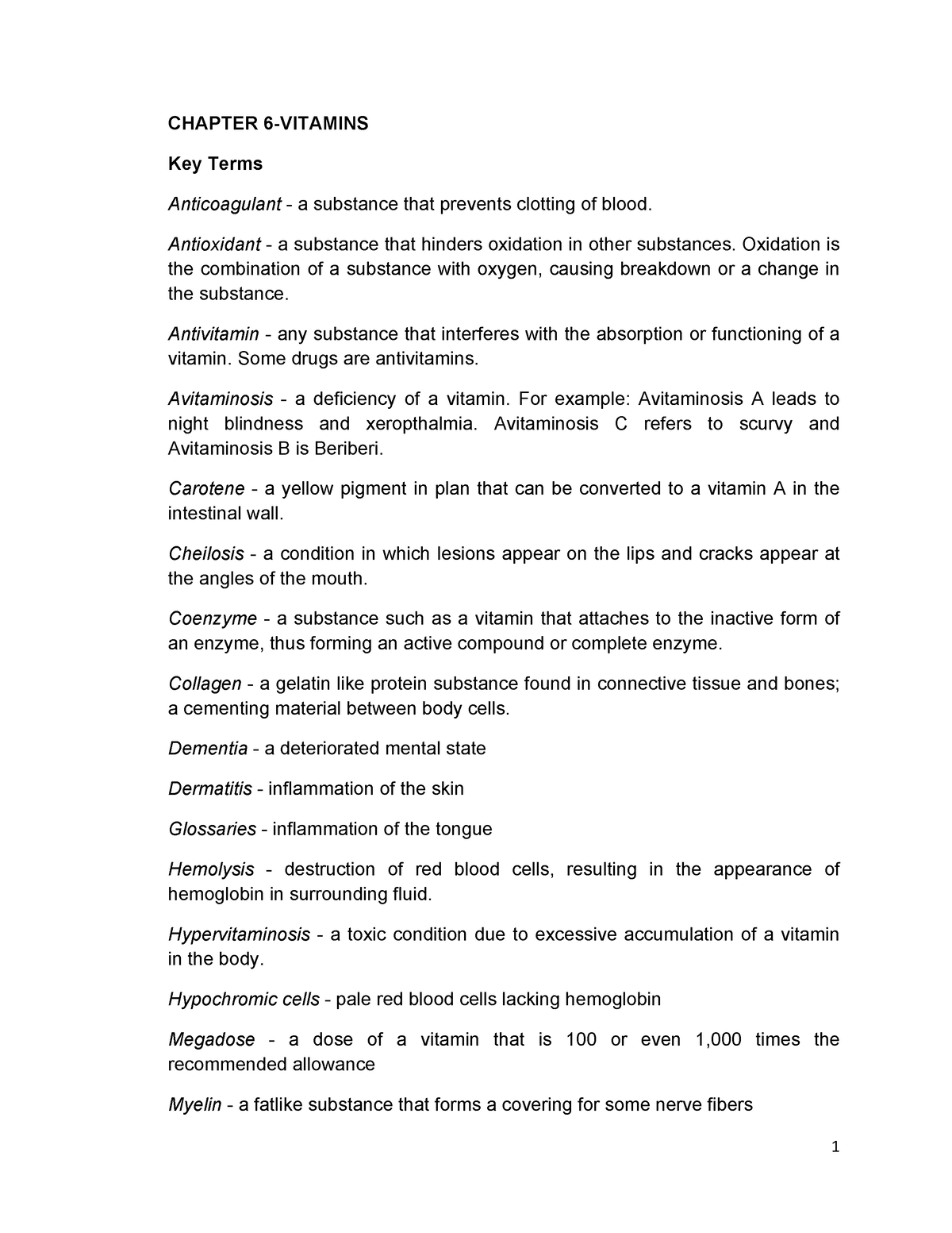 Vitamins - CHAPTER 6-VITAMINS Key Terms Anticoagulant - a substance ...