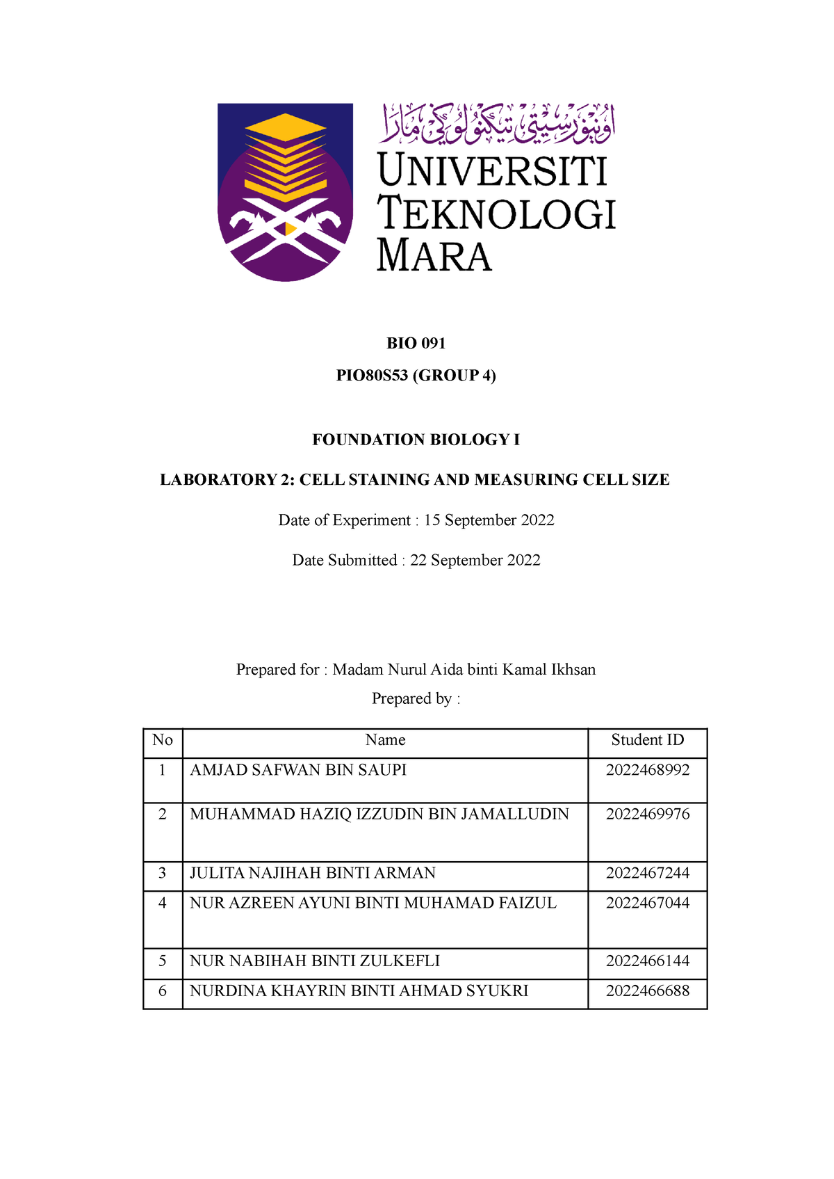 Experiment BIO LAB 2-1 - lab report - BIO 091 PIO80S53 (GROUP 4 ...