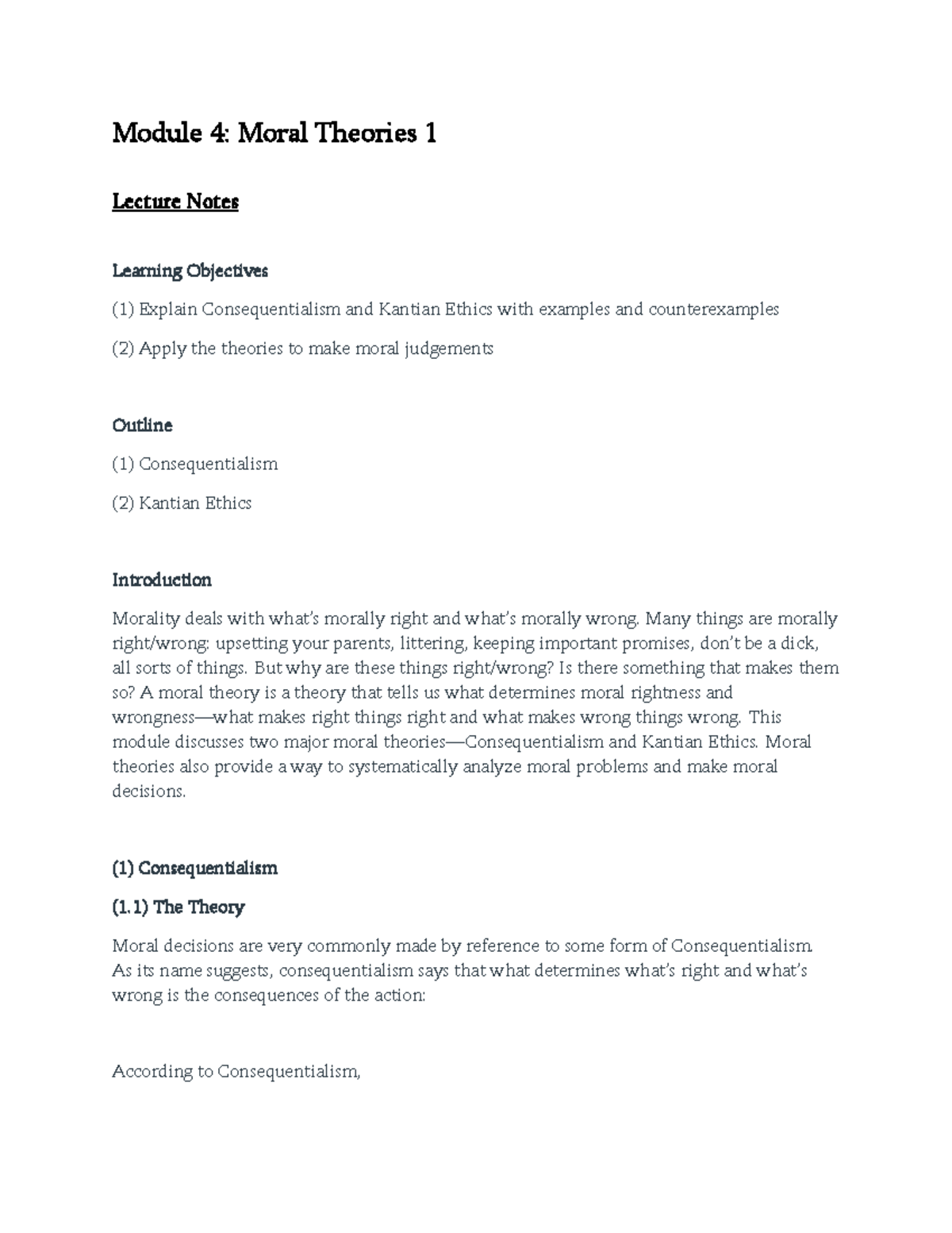 Module 4 - Module 4 : Moral Theories 1 Lecture Notes Learning ...