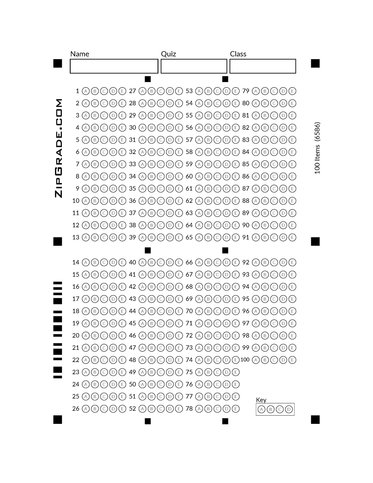 6586x1-2 - Zipgrade Template - Name Quiz Class Key A B C D 100 Items ...