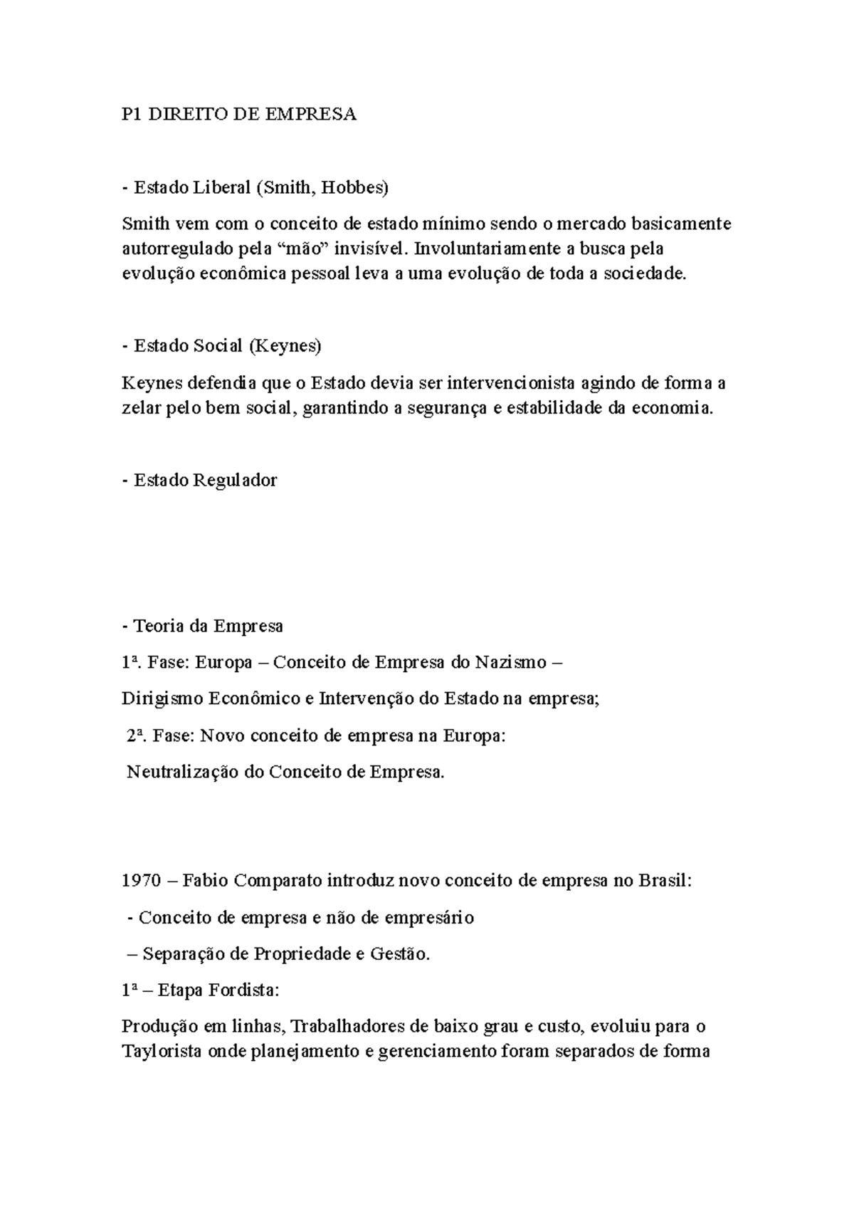 P1 Direito DE Empresa - Notes - P1 DIREITO DE EMPRESA Estado Liberal ...