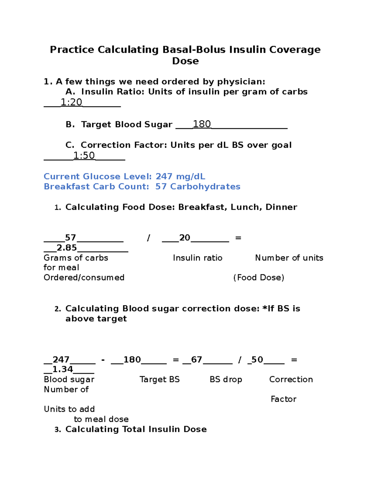 Practice Carb Counting Calculating Basal-Bolus Insulin Dose - Practice