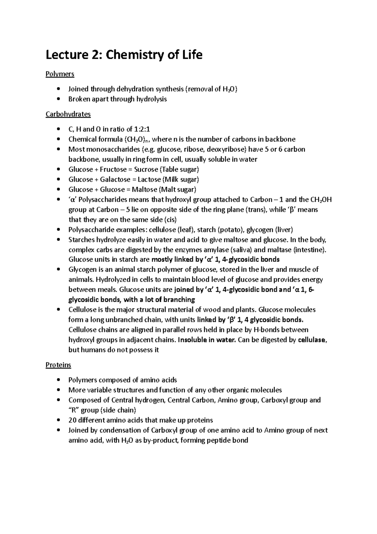 Lecture 2 Chemistry of Life Notes Lecture 2 Chemistry of Life