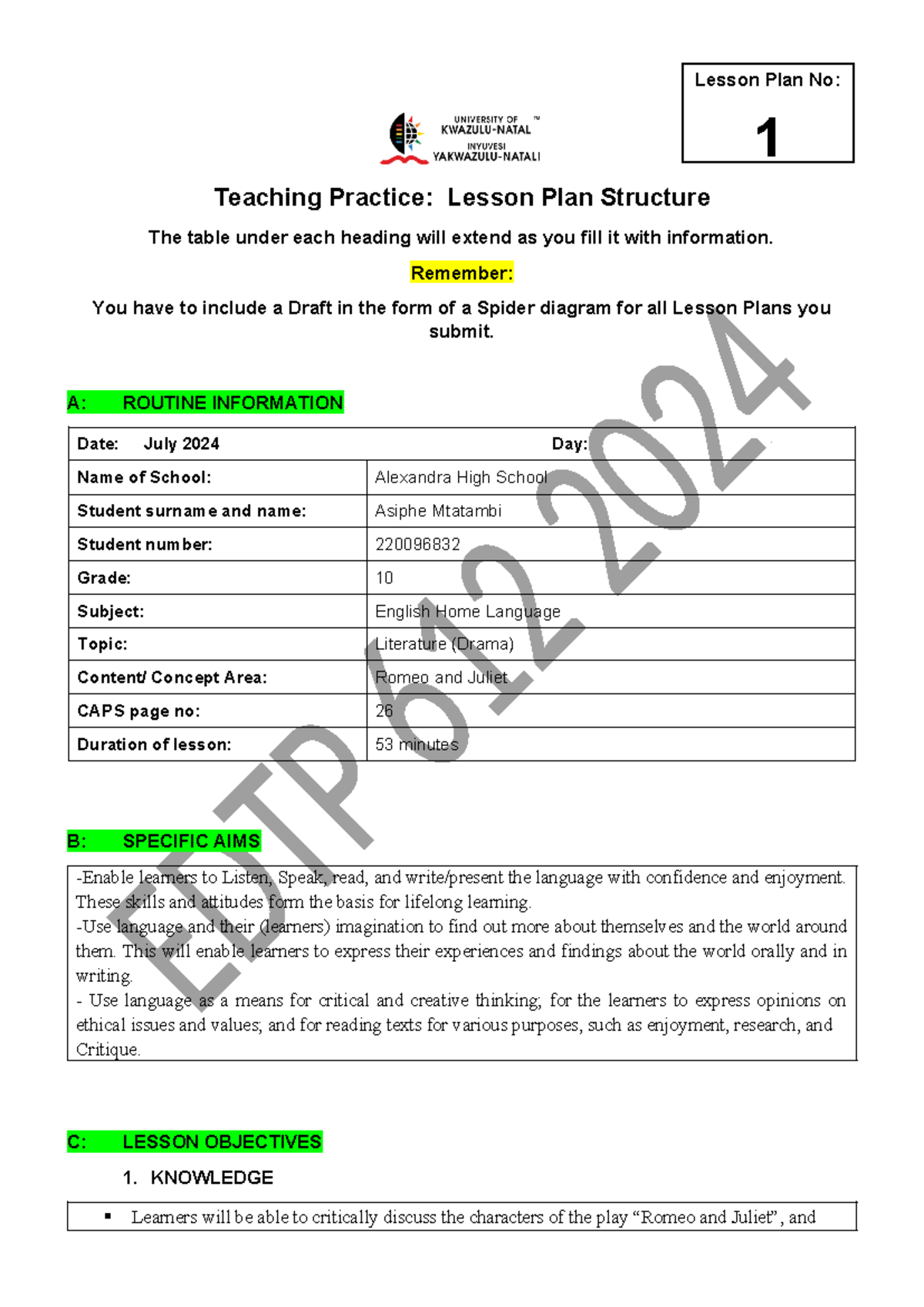 English HL Lesson PLAN - Teaching Practice: Lesson Plan Structure The ...