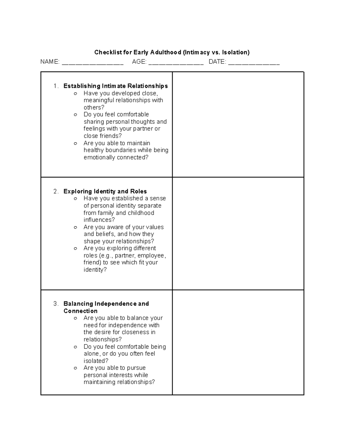 DA CP - NURSING DA NOTES - Checklist for Early Adulthood (Intimacy vs ...