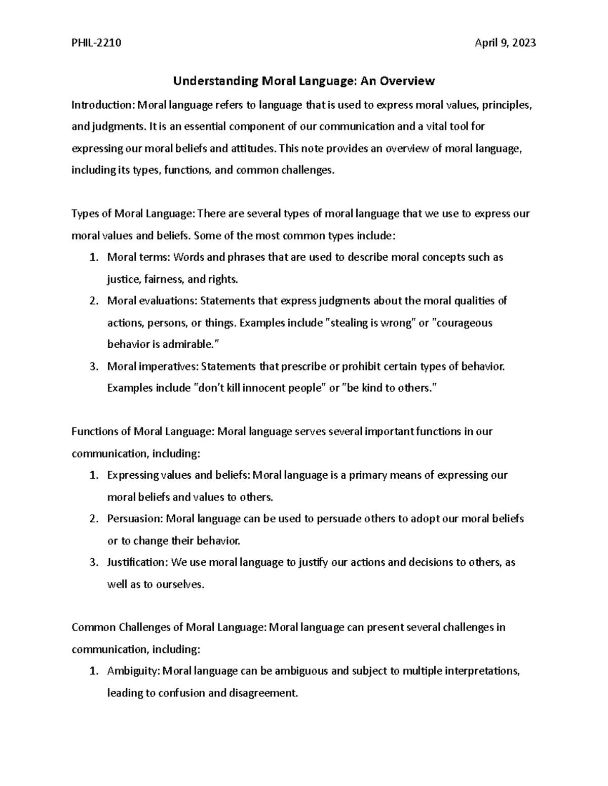 PHIL2210 Moral language PHIL2210 April 9, 2023 Understanding Moral Language An Overview
