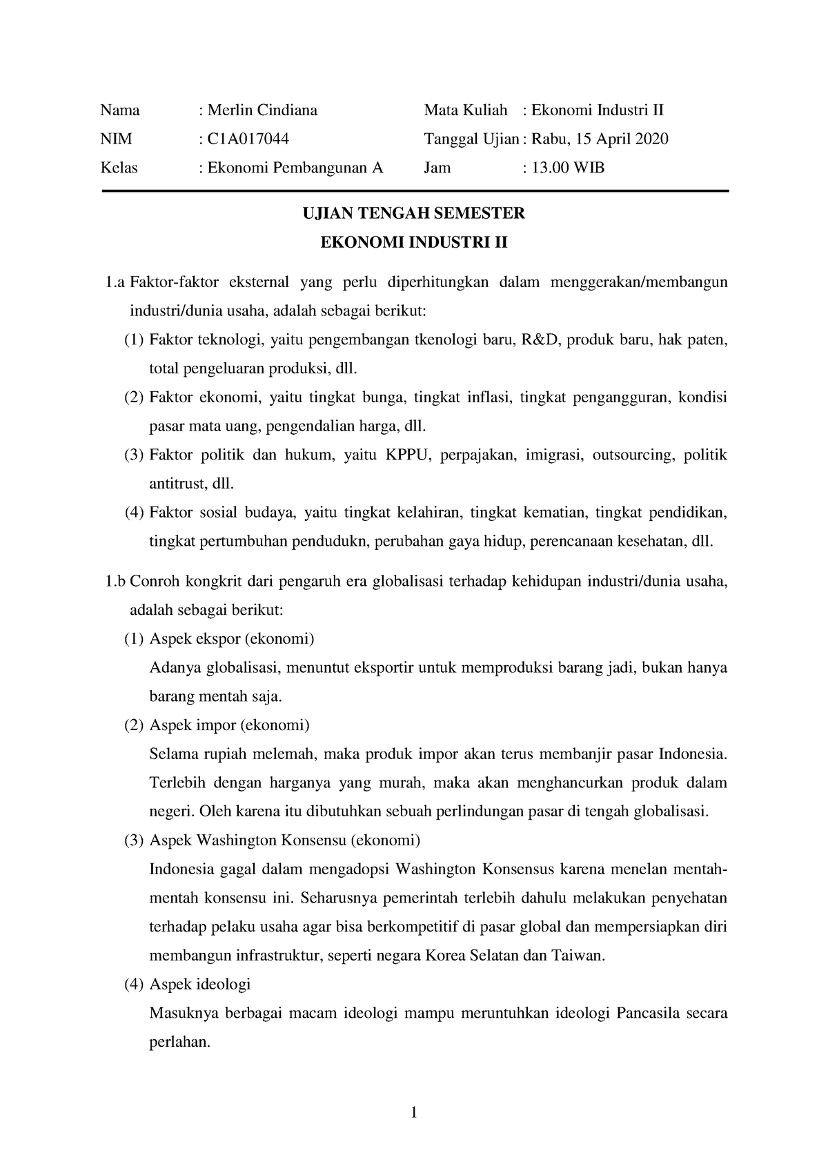 UTS Ekonomi Industri II Unsoed - Merlin Cindiana - Nama : Merlin ...