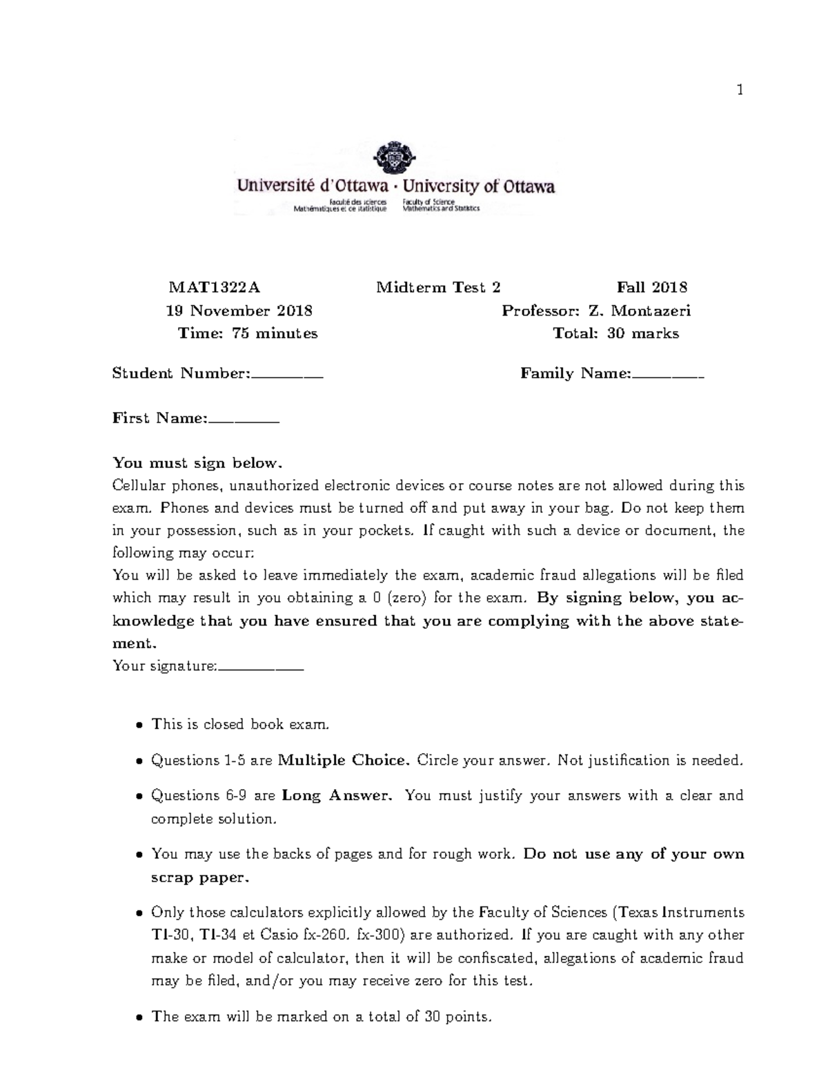 Midterm 2 19 October 2018, questions and answers - 1 MAT1322A 19 ...