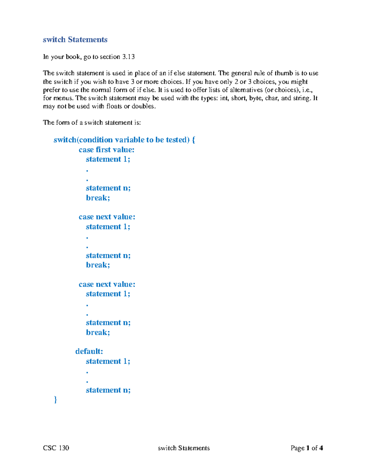 Switch Statements - Professor Christine Kikuchi - switch Statements In ...