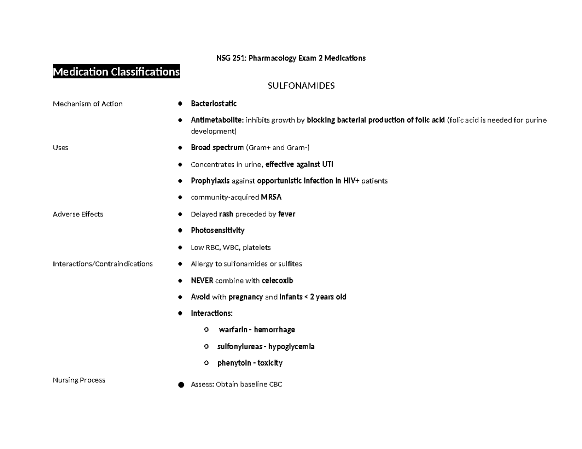 Exam 2 Meds - Medications for exam 2 - NSG 251: Pharmacology Exam 2 ...