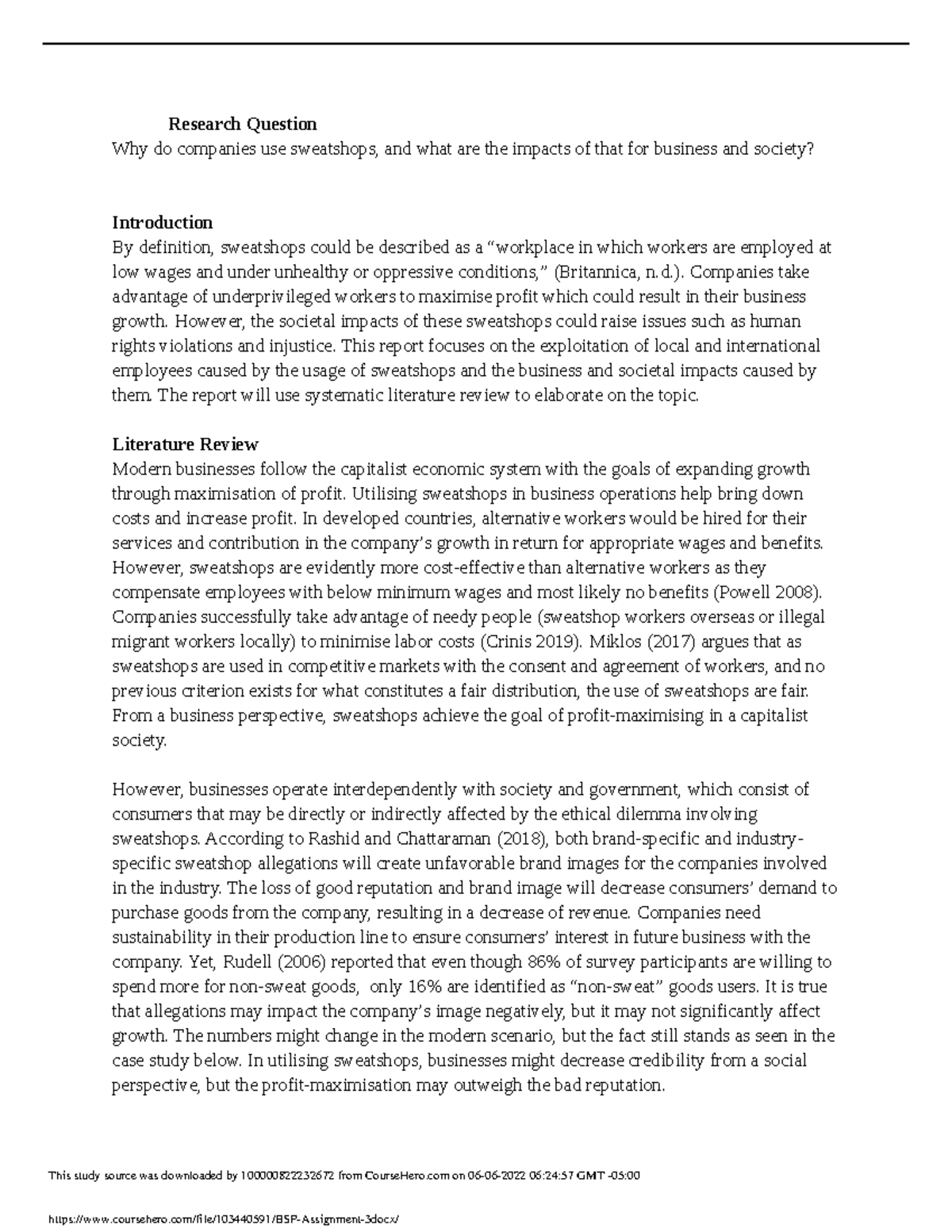 BSP Assignment 3 - Research Question Why do companies use sweatshops ...