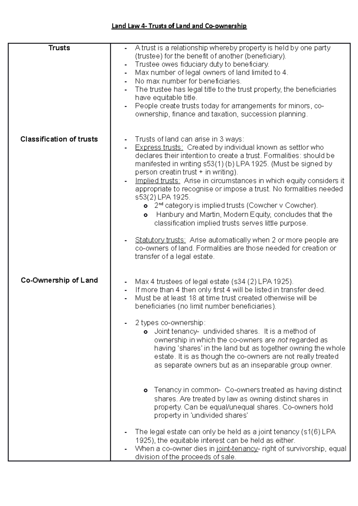 Land Law 4 - LLB Large Group 4 Level 5 - Trusts Classification of ...
