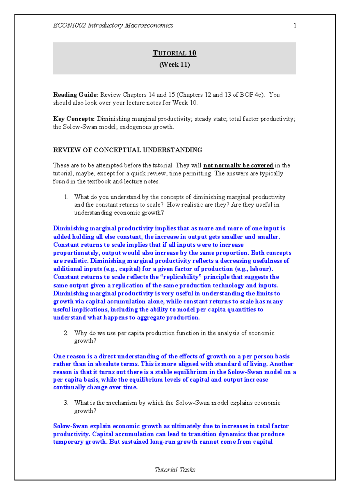 Tutorial 10 (Answers) - tut - Reading Guide: Review Chapters 14 and 15 ...